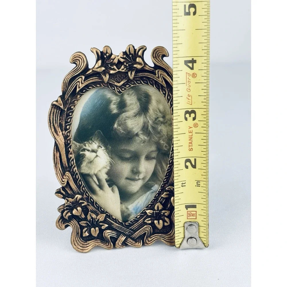 Ornate Vintage Bronze Metal Miniature Heart Floral Scroll Picture Frame